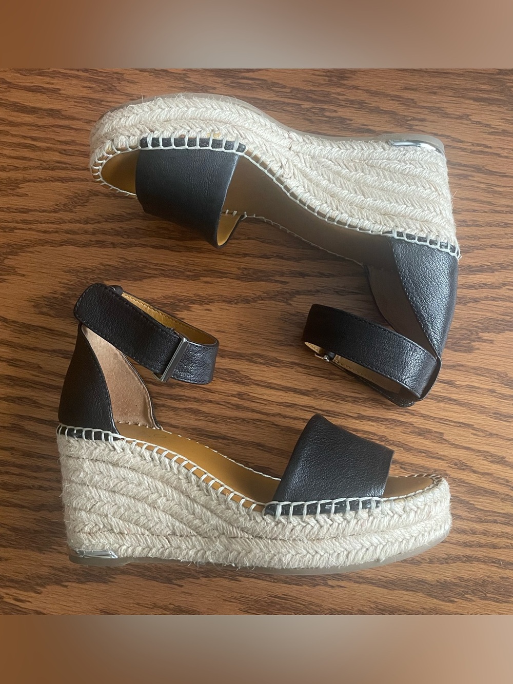 Franco Sarto Black Leather Espadrille Wedge Sandals Size 5
